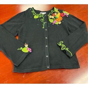 Belle Pointe Black Fall Acorn Crochet Cardigan Sweater sz XL EUC